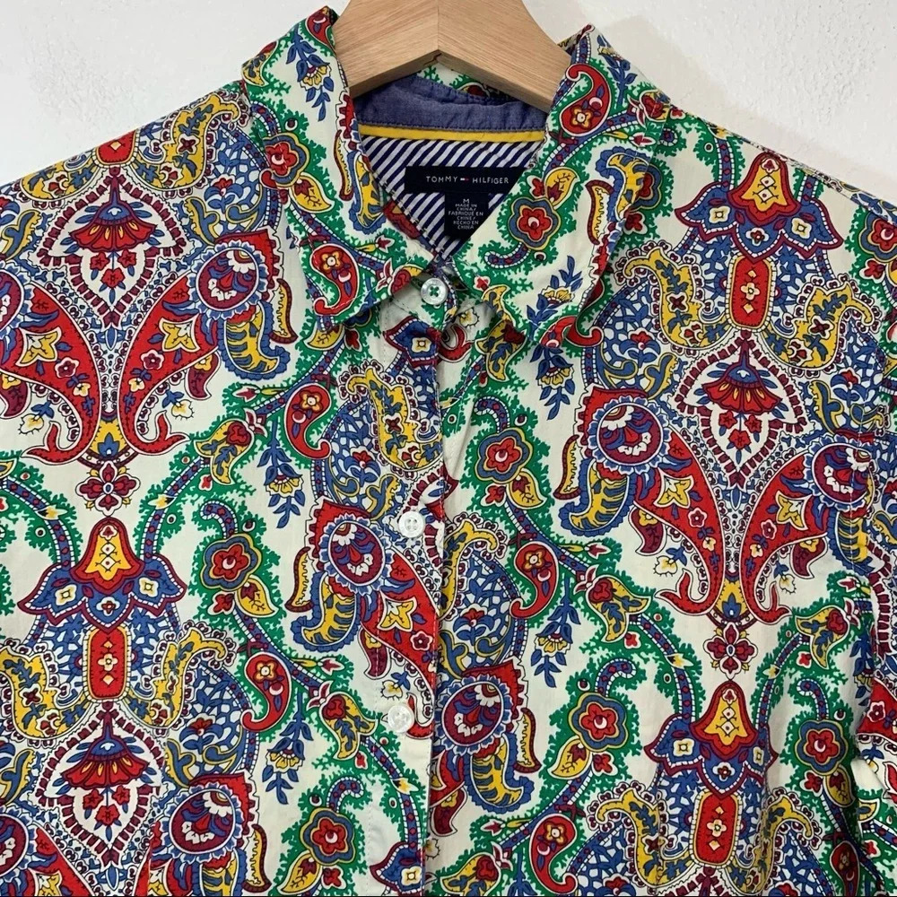 Tommy Hilfiger Blouse Woman Medium Colorful Button Up Cotton Floral Office Retro - Picture 2 of 9